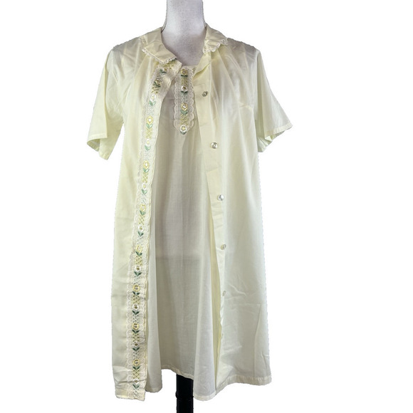 Vintage Katz 2pc Nightgown House Coat Robe Set sz Small Yellow Floral Embroidery - Picture 1 of 16